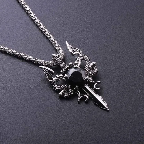 Vista 3 de Collar con colgante de cruz de espada de dragón vintage con cadena de 19.7 pies, joyería de dragón de animal punk, regalo para hombres y niños