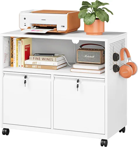 Vista 15 de Archivador de metal con 2 cajones con cerradura, gabinete archivador con soporte para impresora móvil y estantes para archivos de tamaño Negro