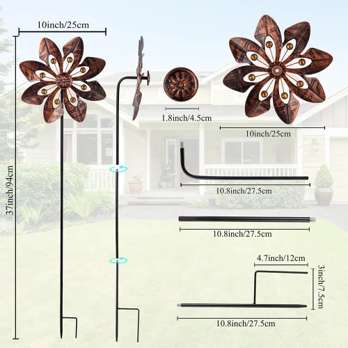 Vista 3 de VEWOGARDEN Paquete de 2 molinillos de viento para exteriores, metal con diseño de flores para decoración de patio, jardín, césped, bronce antiguo