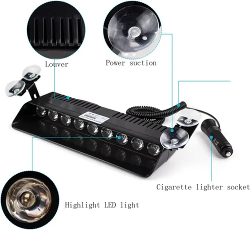 Vista 3 de 9 Luz LED Wecade® estroboscópica de 9 W de advertencia para camioneta, se coloca en el limpiaparabrisas. Luz con 16 patrones superbrillantes