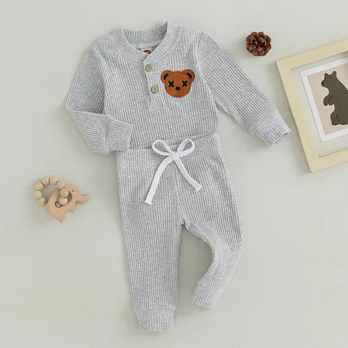 Vista 2 de Mandizy Ropa de oso para bebé, mameluco y pantalones de punto acanalado de manga larga y pantalones para otoño e invierno, recién nacido, niño