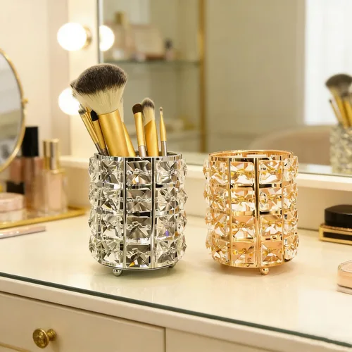 Vista 7 de Organizador de brochas de maquillaje, caja de almacenamiento de cosméticos con cristales brillantes para cepillos, peines y bolígrafos, contenedor