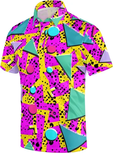 Vista 34 de Camisa de golf de los años 80 para hombre, ajuste seco, manga corta, estampada, divertidas, camisas de golf de los años 90 para hombre