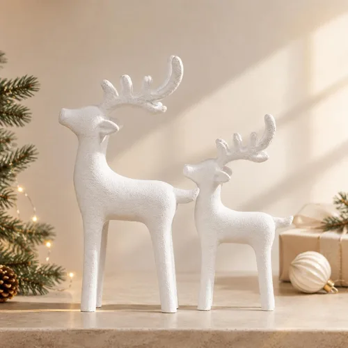 Vista 11 de 2 piezas de decoración moderna de Navidad, decoración neutral de Navidad de renos, estatuas de ciervos de resina, figuras de renos, estatuas