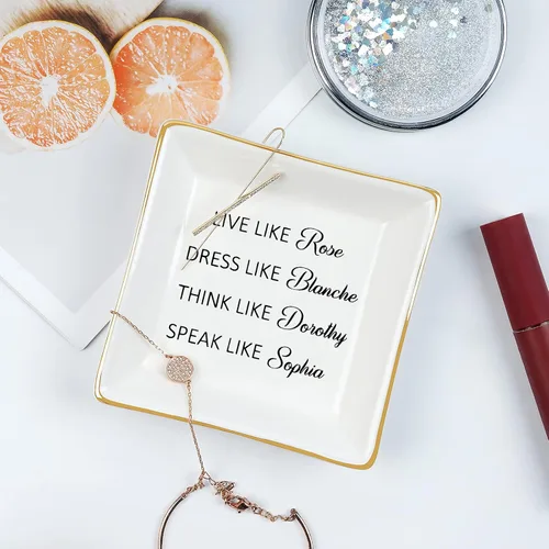 Vista 2 de Plato para anillos de regalo para niñas doradas, regalos de amistad, regalos divertidos de cumpleaños para mujeres, Live Like Rose Dress Like