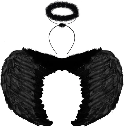 Vista 8 de YoleShy Diadema de alas de ángel negras y aureola de Halloween disfraz de alas negras para mujeres adultas alas de diablo de plumas de primera