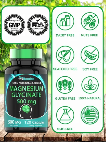 Vista 5 de Glicinato de magnesio 500 mg por cápsula – 120 unidades Suministro de 4 meses Suplemento de magnesio quelado puro para dormir, calma, nervios
