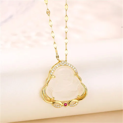 Vista 3 de Juego de 2 collares con dije de Buda de la suerte que ríe, cadena ajustable de eslabones de acero inoxidable, collar budista de cuentas de circonita