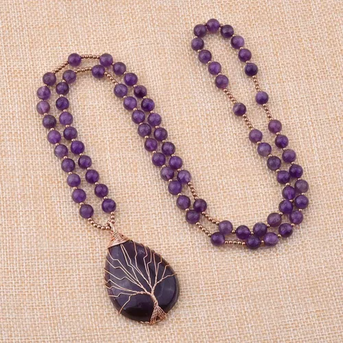 Vista 4 de Jovivi Collar de cristal curativo de cuarzo amatista natural, envuelto en alambre, árbol de la vida, colgante de piedras preciosas de chakra de 28