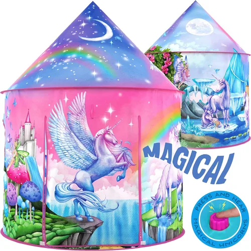 Vista 8 de W&O Tienda de campaña de princesa congelada para niñas con botón de sonido mágico, luces LED, corona y varita – Tienda de campaña congelada