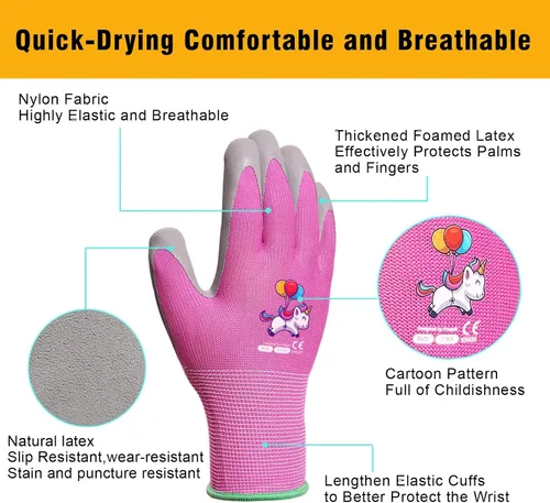 Vista 3 de KDK Guantes de jardinería para niños de 3 a 5 años, guantes de trabajo de patio para niños pequeños, jóvenes, niñas, niños, guantes de goma