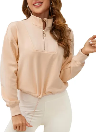 Vista 2 de SILKWORLD Sudadera corta con cremallera de un cuarto para mujer, manga larga, cuello alto, cordón ajustable, con bolsillos