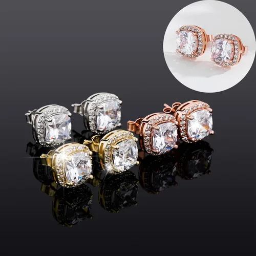 Vista 6 de TOPGRILLZ Aretes cuadrados de plata de ley 925 5A+ con circonita cúbica de oro de 14 quilates con diamantes negros para hombres y mujeres