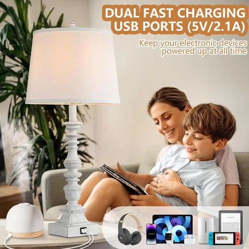 Vista 2 de Juego de 2 lámparas de mesa de granja de 27.5 pulgadas, lámparas rústicas de dormitorio para mesita de noche con carga USB doble, lámparas