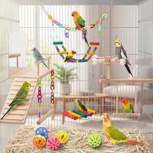 Vista 2 de 13 piezas de juguetes de periquito para pájaros, plataforma de perca para pájaros, escalera de espejo oscilante con función de giro de 360°