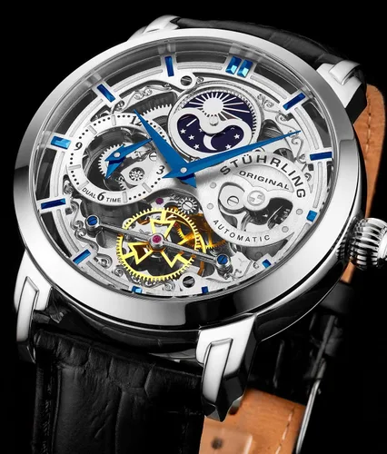 Vista 6 de Stuhrling Original Legacy – Reloj automático para hombre, de acero inoxidable, con correa de cuero genuino negro, caja de 46 MM