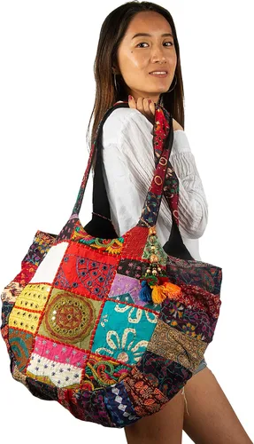 Vista 7 de Tribe Azure - Bolso de hombro hecho a mano para mujer, grande, floral, colorido, hecho a mano, para verano, playa, picnic, libros, portátil