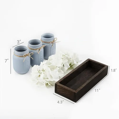 Vista 6 de Mkono - Centro de mesa con tarros de albañil, bandeja decorativa de madera con 3 tarros pintados, flores artificiales, decoración rústica de granja