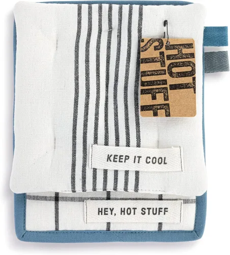 Vista 4 de DEMDACO Hey Hot Stuff Keep Cool - Juego de 2 agarraderas de algodón y poliéster, 7 x 9 pulgadas, color azul y negro