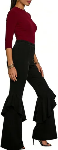 Vista 6 de GUOLEZEEV - Pantalones de cintura alta con volantes estilo flare para mujer, pierna ancha, color liso negro#1