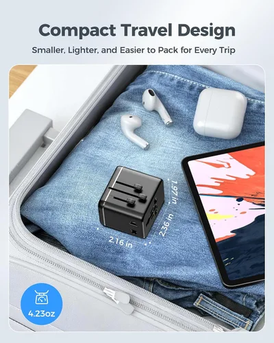 Vista 4 de JMFONE Adaptador de viaje universal, 3 USB-C 1 USB-A, salidas de CA duales