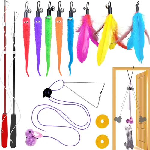Vista 7 de ZPH Juguetes para gatos, paquete variado de plumas interactivas para gatos, varita y gatito, incluye juguete de ejercicio para gatos, ratón, gusanos
