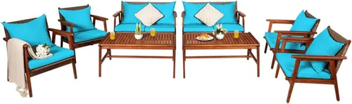 Vista 13 de Tangkula juego de 4 sofás de madera de patio, juego de asientos de madera de acacia para exterior con cojines y mesa de centro, juego de sofá