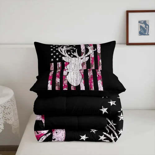 Vista 5 de Erosebridal Juego de edredón de caza de ciervos, tamaño individual, color rosa, camuflaje militar, camuflaje, retro, bandera estadounidense, juego