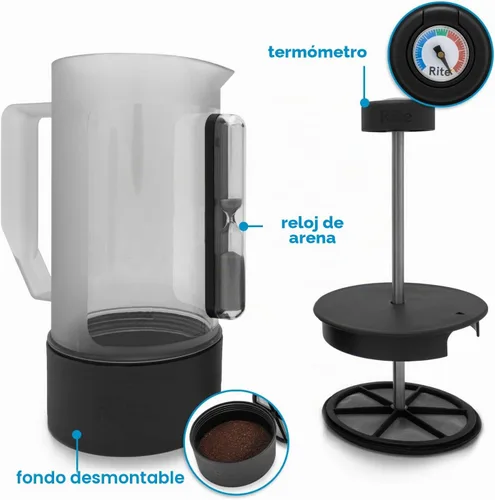 Vista 2 de Rite Press Essential Plus, cafetera de prensa francesa, termómetro integrado, temporizador de reloj de arena integrado y parte inferior fácil