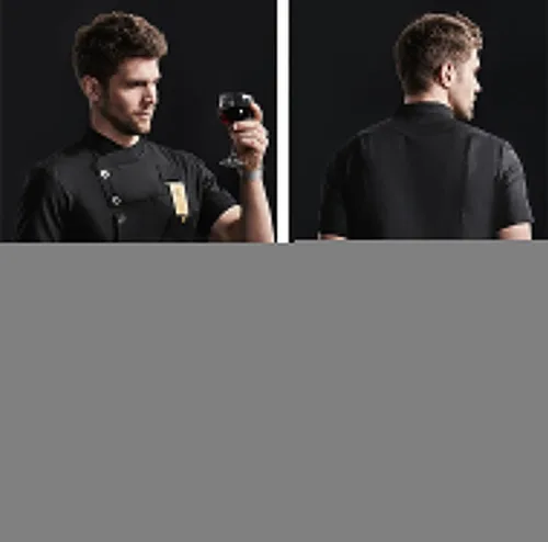 Vista 4 de Chaqueta de chef de moda para hombre, transpirable, con ventilación oculta, uniforme de chef (abrigo + delantal)
