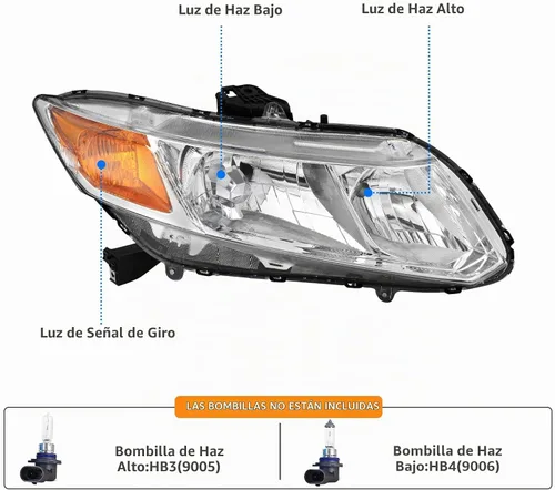 Vista 3 de DWVO Conjunto de faros delanteros compatible con Honda Civic Chrome 2012 Negro carcasa lente transparente ámbar reflector