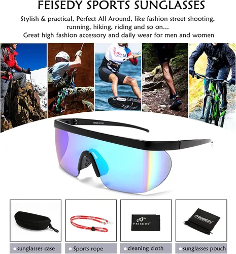 Vista 7 de FEISEDY Gafas de sol deportivas de los años 80 con escudo de espejo de gran tamaño gafas de esquí con parte superior plana visera futurista