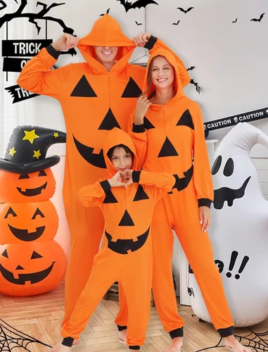 Vista 2 de ANGELGGH Pijama de Halloween a juego para la familia, pijamas de vacaciones para mujereshombresniñosparejas, lindo disfraz de calabaza para descansar