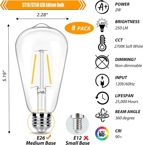 Vista 2 de [Usado] winsaLED Bombillas LED equivalentes a 25 W, 2700 K, color blanco suave, no regulables, ST19 de 2 W, bombillas Edison LED con base E26, 90
