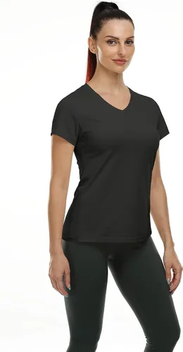 Vista 3 de Icyzone - Camisetas deportivas de cuello en V y manga corta para mujer, ropa de entrenamiento para yoga, correr, acondicionamiento físico y deportes
