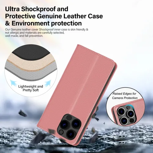 Vista 3 de Utook Funda compatible con iPhone 14 Pro, funda magnética de cuero genuino con tapa para teléfono celular con tarjeta de crédito, bloqueo RFID, a