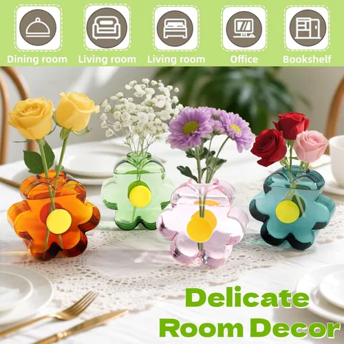 Vista 4 de Covzoe Paquete de 4 jarrones pequeños únicos, jarrón en forma de flor de vidrio Colorful Mini Bud Vases for Centerpieces, Cute Girly Modern