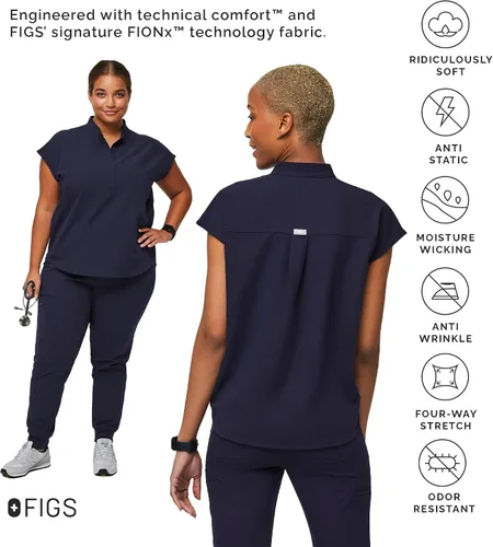 Vista 3 de Figs - Uniforme médico de mujer Rafaela, de dos bolsillos, cuello mandarín, ajuste holgado con elásticos suaves.