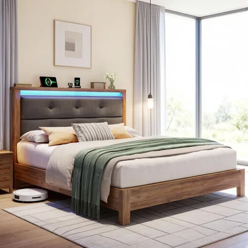 Vista 7 de EnHomee Base de cama de tamaño matrimonial con carga USB y tipo C y luces LED, cabecera de almacenamiento tapizada, cama de plataforma de madera