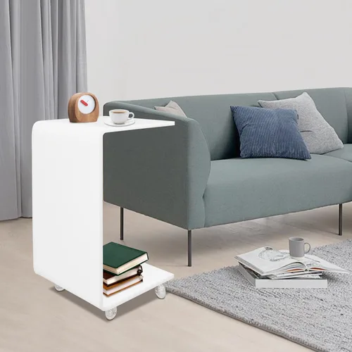 Vista 2 de Mesa auxiliar moderna de acrílico en forma de C con ruedas, mesa de noche con ruedas de 2 niveles para sala de estar, mesa auxiliar blanca lechosa