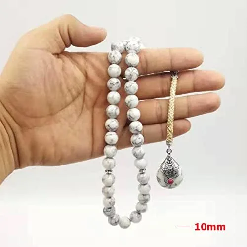 Vista 7 de Tasbih - 33 cuentas de oración musulmana con piedra turquesa blanca, rosario islámico, regalo (0.315 in x 33 cuentas)
