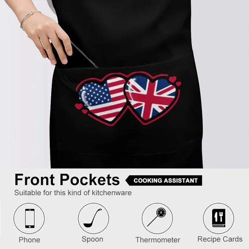 Vista 5 de Delantales de corazón con bandera estadounidense y británica para hombres/mujeres, delantales impermeables para adultos, delantales para el hogar