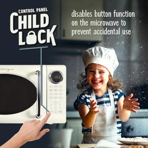Vista 82 de Nostalgia Horno microondas retro compacto para encimera, 0.7 pies cúbicos, 700 vatios con pantalla digital LED, bloqueo para niños, interior fácil