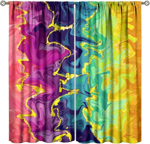 Vista 33 de Cortinas opacas abstractas de arco iris, pintura de color arcoíris con gotas, diseño gráfico creativo con bolsillo para barra, para sala de estar