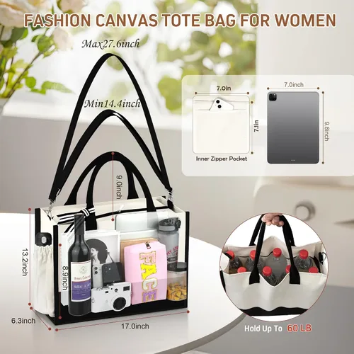 Vista 5 de Bolsa de lona con inicial para la playa con bolsa de maquillaje, regalos personalizados para mujeres, madres, amigas, profesores, damas de honor