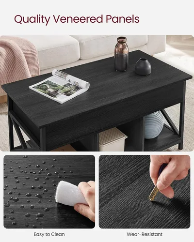 Vista 7 de VASAGLE Mesa de Centro con Tapa Elevable, Mesa de Café Elevable con Estante de Almacenamiento, Compartimentos Ocultos y Tapa Elevable, para Sala
