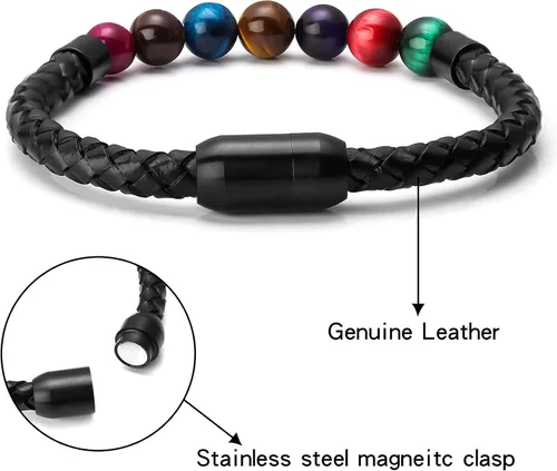 Vista 3 de Pulsera de cuentas de cuero genuino con cierre magnético de 8.5 pulgadas