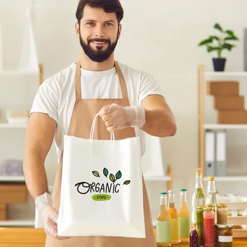 Vista 5 de Moretoes Bolsas de papel con asas, 100 unidades de 10 x 5 x 13 pulgadas, bolsas de regalo de papel kraft blancas a granel para compras, venta al por