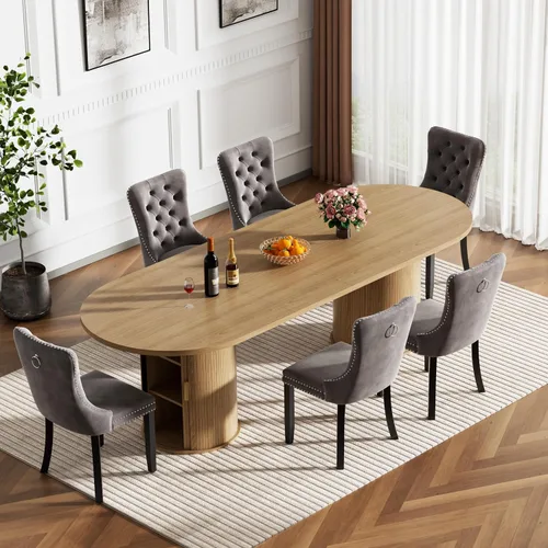 Vista 5 de Mesa de comedor extensible de madera de 63 a 94 pulgadas para 6-8-10 personas, mesa de cocina ovalada expandible con base de gabinete acanalada Mesa