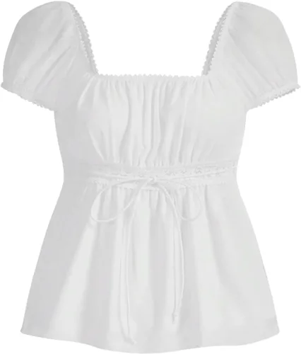 Vista 5 de SOLY HUX Blusa de verano de manga corta para mujer Blanco sólido